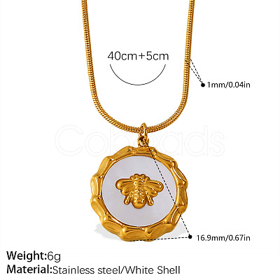304 Stainless Steel with Natural White Shell Flat Round with Bee Pendant Necklaces for Women WG2F9FE-04-1