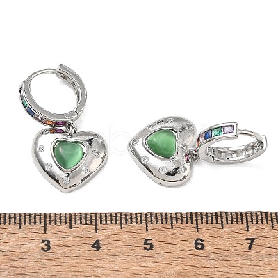Brass Micro Pave Cubic Zirconia and Cat Eye Beads Heart Hoop Dangle Earrings KK-CBAD9DF-01P-1
