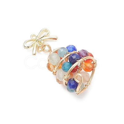 Natural Apatite & Green Aventurine & Lapis Lazuli & Citrine & Agate & Amethyst Faceted Round Beaded Copper Wire Wrapped Christmas Tree Pendants PALLOY-TA00334-1