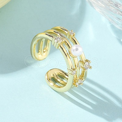 Brass Micro Pave Cubic Zirconia ABS Imitation Pearl Cuff Rings RJEW-D307-02G-B-1
