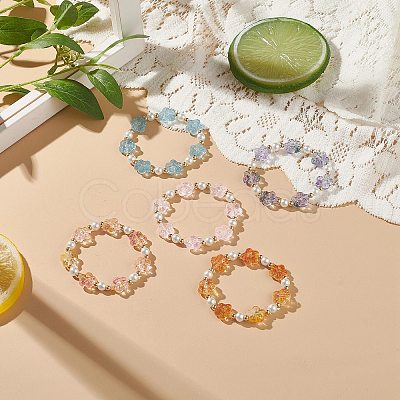 5Pcs 5 Color Glass Plum Blossom & Imitation Pearl Beaded Stretch Bracelets Set BJEW-JB08943-1
