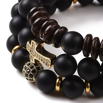 3Pcs Natural Dyed & Heated Black Agate and Coconut Beads Stretch Bracelets Set BJEW-JB08933-1