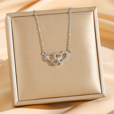 Brass Micro Pave Clear Cubic Zirconia Double Heart Pendant Necklaces NJEW-K280-05P-1
