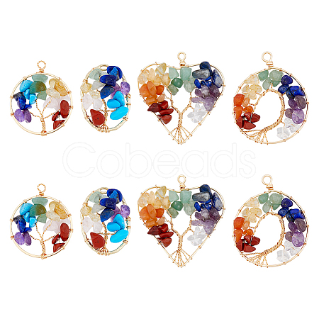 HOBBIESAY 8Pcs 4 Styles 7 Chakra Gemstone Copper Wire Wrapped Chips Pendants G-HY0001-41-1