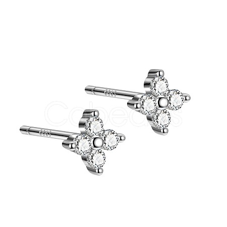 Rhodium Plated Clover 999 Fine Silver Cubic Zirconia Stud Earrings for Women LS-EJEW-S215-16P-1