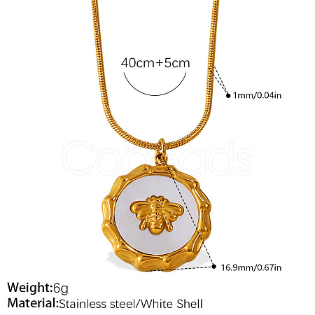 304 Stainless Steel with Natural White Shell Flat Round with Bee Pendant Necklaces for Women WG2F9FE-04-1