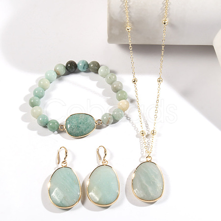 Oval Alloy with Natural Flower Amazonite Pendant Necklaces & Beaded Bracelets & Dangle Earrings Sets WGD3DFC-01-1