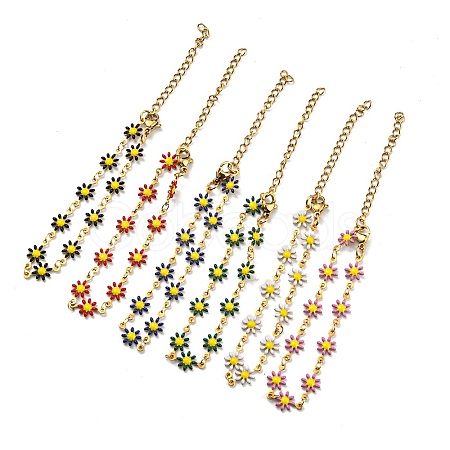 Ion Plating(IP) Golden 304 Stainless Steel Flower Link Chain Bracelets with Enamel BJEW-E088-02G-1