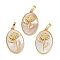 Rack Plating Brass Pave Shell Oval Pendants, Birth Flower Charms, Real 18K Gold Plated, Long-Lasting Plated, Lead Free & Cadmium Free, Seashell Color, 25.5x16x4.5~5.5mm, Hole: 5.5x3mm