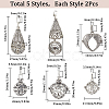 SUNNYCLUE 10Pcs 5 Styles Tibetan Style Brass Cage Pendants KK-SC0004-33-2