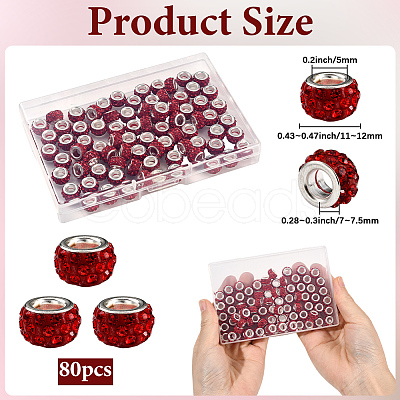 80Pcs Polymer Clay Rhinestone European Large Hole Beads with Silver Color Plated Brass Cores FPDL-LT0001-02A-1