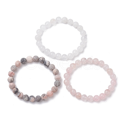 3Pcs 3 Styles Natural Mixed Gemstone Round Beaded Stretch Bracelets Set BJEW-JB10139-04-1