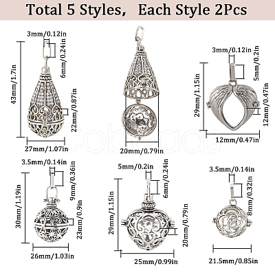 SUNNYCLUE 10Pcs 5 Styles Tibetan Style Brass Cage Pendants KK-SC0004-33-1