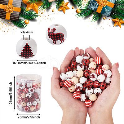 100Pcs 5 Style Christmas Themed Dyed Natural Wooden Beads WOOD-BT0001-07-1