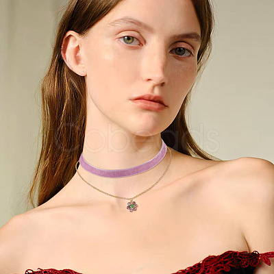 Glass Beaded Flower Pendant Single Face Medium Orchid Velvet Ribbon & Brass Cable Chain Double Layered Choker Necklaces NJEW-TAC0041-1