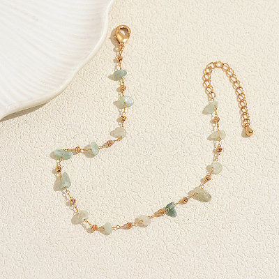 Beach Natural Green Aventurine Chip Beads Brass Anklets for Women GS4287-3-1