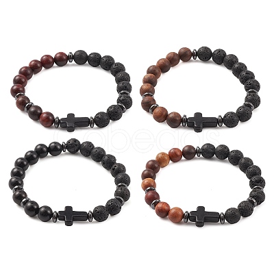 Natural & Synthetic Mixed Gemstone & Wood Cross Beaded Stretch Bracelet BJEW-JB09623-1