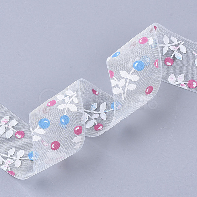 Flower Pattern Printed Polyester Organza Ribbons ORIB-Q034-04-1