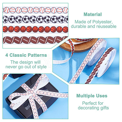 4 Rolls 4 Styles Sport Ball Theme Polyester Printed Grosgrain Ribbon OCOR-HY0001-19-1