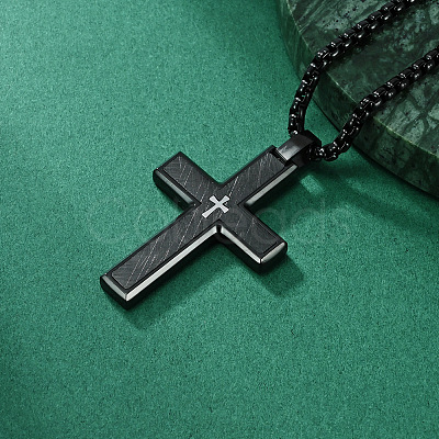304 Stainless Steel with Wood Religion Cross Pendant Box Chain Necklaces for Men FS-WGA9A37-02-1