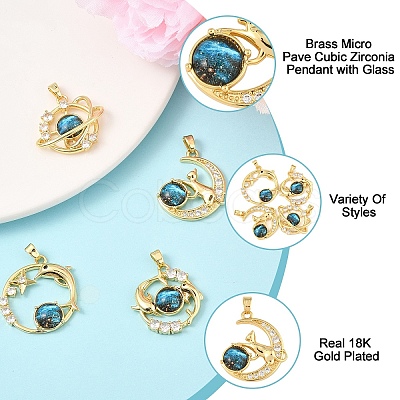 4Pcs 4 Styles Brass Micro Pave Clear Cubic Zirconia with Glass Pendants KK-YW0003-02-1