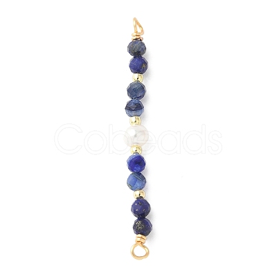 Faceted Round Natural Lapis Lazuli & Kyanite & Potato Natural Cultured Freshwater Pearl Beaded Connector Charms PALLOY-JF03531-02-1