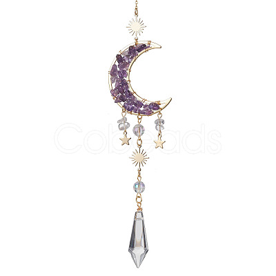 Natural Amethyst & Quartz Crystal Chip Pendant Decorations with Brass Moon & Cable Chain HJEW-JM01645-1