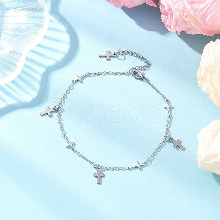 304 Stainless Steel Cross Link Chain Anklets AJEW-AN00739-01-1