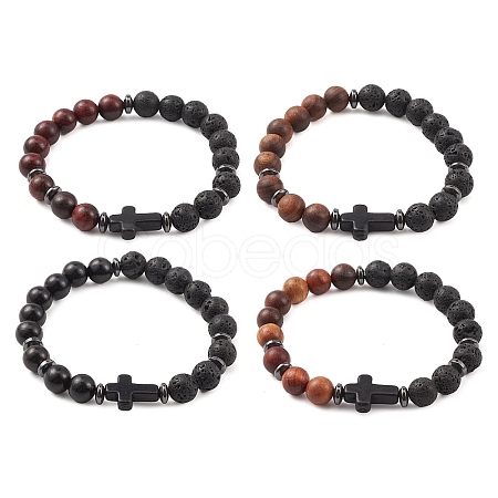 Natural & Synthetic Mixed Gemstone & Wood Cross Beaded Stretch Bracelet BJEW-JB09623-1