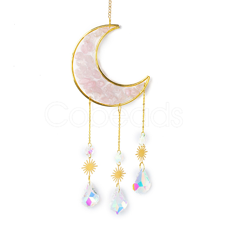 Natural Rose Quartz Chips Moon Pendant Decoration DJEW-PW0019-13B-1