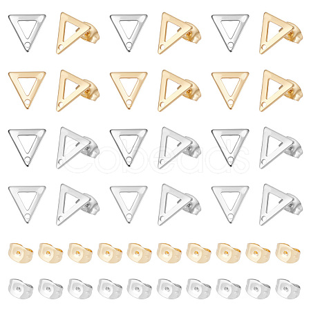 80Pcs 2 Colors 201 Stainless Steel Triangle Stud Earring Findings with Hole & 304 Stainless Steel Pins &and Ear Nuts STAS-UN0046-99-1