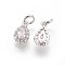 Brass Cubic Zirconia Charms, Drop, Platinum, Clear, 11~11.5x6.5x4mm, Hole: 3~4mm