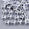 White Opaque Acrylic Beads, Horizontal Hole, Cube with Black Alphabet, Letter.F, 4~5x4~5x4~5mm, Hole: 1.8mm, about 6470~6500pcs/500g