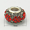 Resin Rhinestone European Beads, Grade A, with Brass Double Cores, Silver Metal Color, Rondelle, Light Siam, 15x9mm, Hole: 5mm