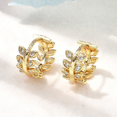 Brass Micro Pave Clear Cubic Zirconia Leaf Hoop Earrings EJEW-P322-15G-1