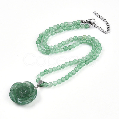 Natural Green Aventurine 4.5mm Round Beaded Flower Pendant Necklaces NJEW-T016-04F-1