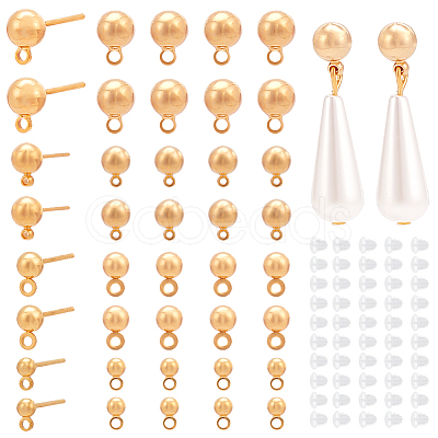 40Pcs 4 Size Rack Plating Brass Ball Stud Earring Post KK-BC0009-94-1