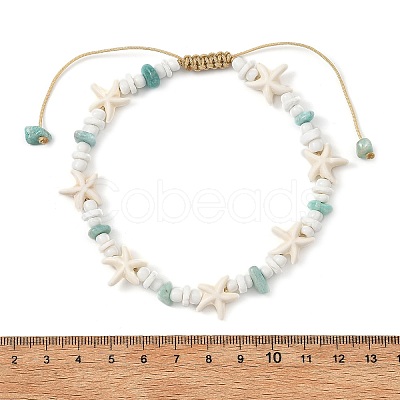 Ocean Natural Amazonite Chip & Starfish Synthetic Turquoise & Glass Seed Beaded Braided Anklets for Women AJEW-AN00805-1