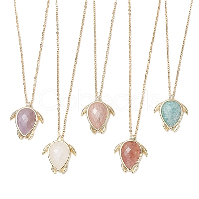 Turtle Faceted Natural Mixed Gemstone Pendant 304 Stainless Steel Cable Chain Necklaces for Women NJEW-JN05289-1