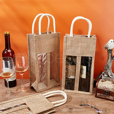 Jute Wine Storage Drawstring Pouches with PVC Clear Window ABAG-WH0035-052B-1