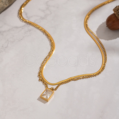 European Style Stainless Steel Pave Clear Cubic Zirconia Rectangle Pendant Snake Chain Double Layered Necklaces for Women ND1910-1
