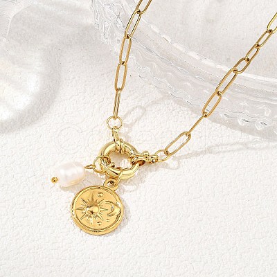 201 Stainless Steel Disc with Sun and Moon Pendant 304 Stainless Steel Paperclip Chain Necklaces with Natural Pearl Beads for Women NJEW-JN06328-1