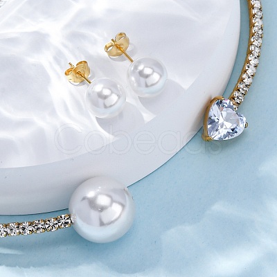 Round Plastic Imitation Pearl Stud Earrings & Heart Cubic Zirconia Rhinestone Cuff Choker Necklaces Sets SJEW-U003-10G-1