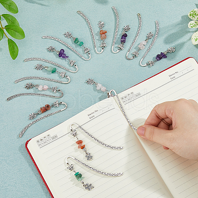 12Pcs 4 Styles Natural Rose Quartz & Green Aventurine & Amethyst & Red Agate Chips & Alloy Clover Charms Bookmarks AJEW-HS00008-1