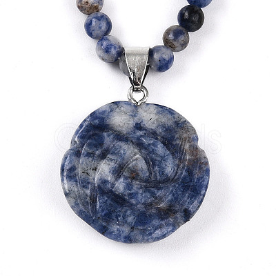 Natural Blue Spot Jasper 4.5mm Round Beaded Flower Pendant Necklaces NJEW-T016-04D-1