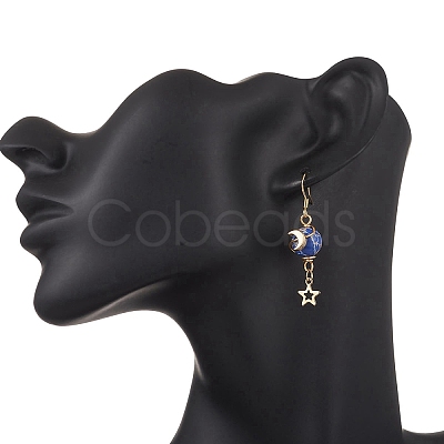 Moon Copper Wire Wrapped Synthetic Imperial Jasper Bead & CCB Plastic & 201 Stainless Steel Dangle Earrings EJEW-JE06654-01-1