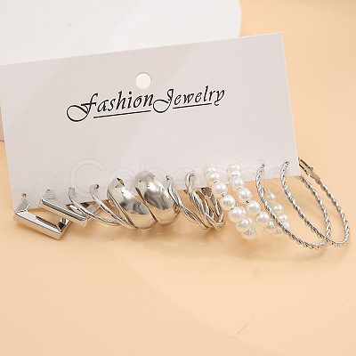 6Pairs Alloy with Plastic Imitation Pearl Stud Earrings & Hoop Earrings WG38505-11-1