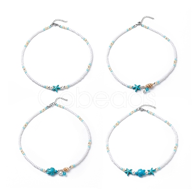 4Pcs 4 Style Natural Pearl & Shell & Dyed Synthetic Turquoise Beaded Necklaces Set NJEW-JN04039-1