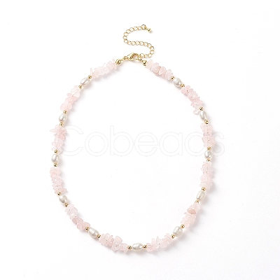 Natural Rose Quartz Chips & Pearl Beaded Necklace NJEW-JN04008-01-1