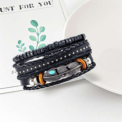 1Pc Cowhide & Imitation Leather Cord Knitted Multi-strand Bracelets AJEW-GF0011-50E-1